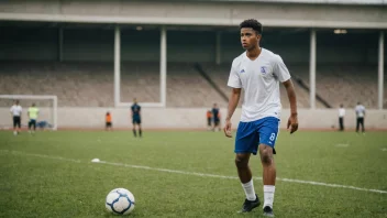 En ung mann på en fotballbane, med en fotball ved føttene, ser bestemt og fokusert på målet.