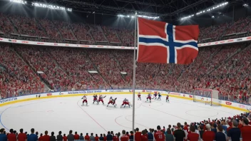 En ishockeyarena fylt med begeistrede tilskuere, med et norsk flagg som vifter i bakgrunnen.