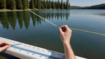 En person måler vannstanden i en innsjø ved hjelp av et målebånd, med en graf i bakgrunnen som viser endringene i vannstanden over tid.