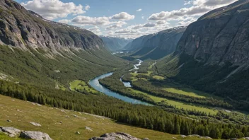 En fredelig dal omgitt av fjell og trær