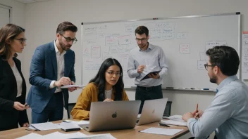 En gruppe mennesker som jobber sammen på en markedsføringskampanje, med en whiteboard, laptops og papirer spredt rundt dem.