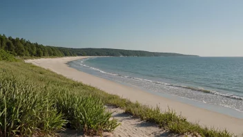 Et naturskjønt bilde av en sivstrand med høye sivplanter som svaier i vinden og en smal strand med klart vann