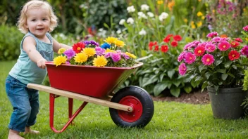 En leke trillekjerre fylt med leker og blomster, med et lykkelig barn som leker i bakgrunnen.