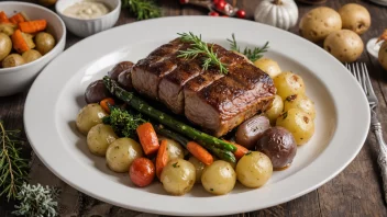 En tradisjonell norsk julemiddag med ribbefedt, poteter og grønnsaker.