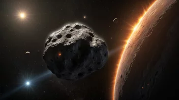 En stor asteroid i verdensrommet med solen i bakgrunnen.