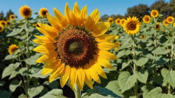 En solblom i full blomst med store gule kronblader og en mørk midte