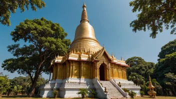 En vakker burmesisk pagode med en gyllen stupa og intrikate utskjæringer.