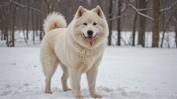 En stor eskimohund med en tykk pels, stående i snøen.