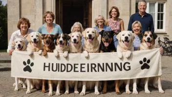 En varm og inkluderende scene med hunder og deres eiere som sosialiserer og har det gøy sammen, med en tydelig indikasjon på en hundeklubb eller organisasjon.