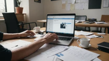 En person som jobber på et biprojekt, med en laptop og papirer spredt rundt dem.