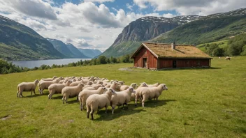 Et lite, trebygd sauhus med torvtak, omgitt av sau og et naturskjønt fjellandskap.