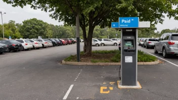 En parkeringsplass med en billettautomat og et skilt som indikerer betalt parkering