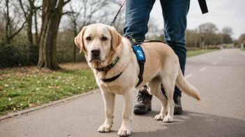 En lederhund som leder en person med synshemming ned en gate