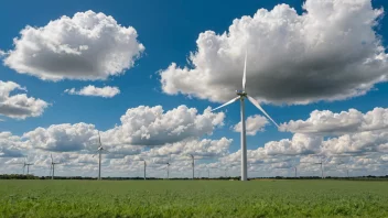 En vindmaskin som genererer elektrisitet i et fredelig landskap