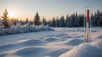 Et vinterlandskap med mye snø og is, og en kald temperaturavlesning på et termometer.