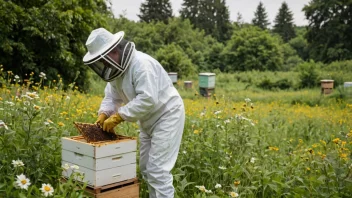 En biodler som passer en bikube i en mark med blomster