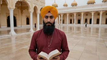 En person av sikh-tro, som bærer en tradisjonell turban og holder en bønnebok, med en vakker sikh-tempelet i bakgrunnen.