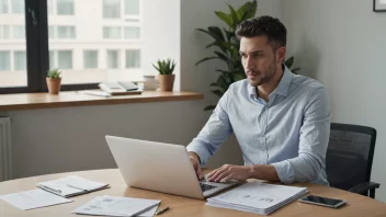 En person som sitter ved et skrivebord med en laptop og papirer.