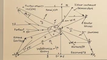 En illustrasjon av et vektordiagram med flere vektorer og deres resulterende vektor, med matematiske ligninger og formler i bakgrunnen.