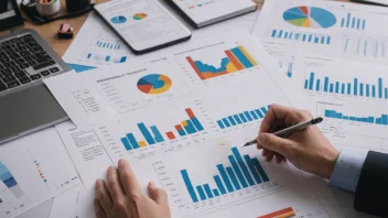 En person som arbeider med materialer, med en bakgrunn av grafer og diagrammer som viser forbedring.