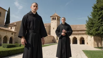 En benediktiner i tradisjonell drakt, stående foran et kloster.