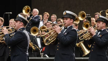 Et blåsekorps som spiller på scenen, med ulike blåseinstrumenter og musikere i uniform.