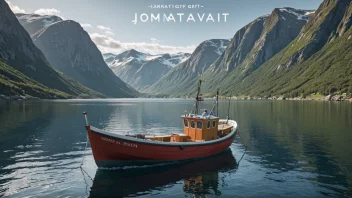 En illustrasjon av en fiskebåt med en tittel 'Sjømatavgift' i forgrunnen og et diskret bakgrunnsbilde av norske fjell og sjø.