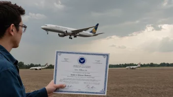 En person som holder et uværsserklæring, med et fly som tar av i bakgrunnen.