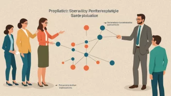 En illustrasjon av en forsker som velger et representativt utvalg fra en større populasjon, med et diagram som viser forholdet mellom utvalget og populasjonen.