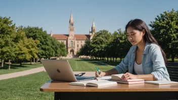 En person som studerer ved et skrivebord, omgitt av bøker og en laptop, med et universitetscampus synlig gjennom vinduet.