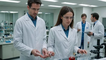 En person i en labfrakk står foran en whiteboard og leder et team av forskere i et laboratorium.