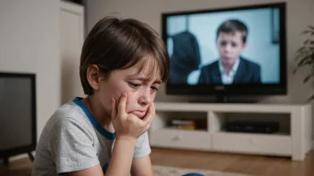 Et barn som sitter på en sofa og gråter mens det ser på en TV-skjerm med en trist uttrykk.