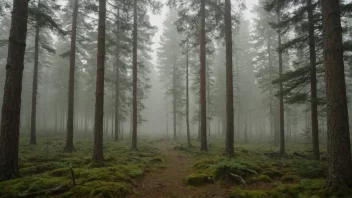 Et fredelig skoglandskap med høye trær og en tåkete atmosfære.