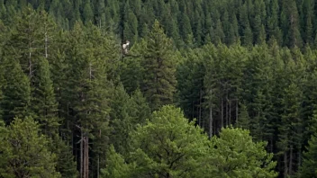 En tett skog med høye trær og noen ørner som flyr over, med noen reir synlige i trærne.