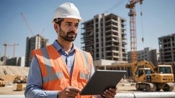 En byggeprosjektleder som holder en tablet med en Gantt-diagram, med en byggeplass i bakgrunnen.