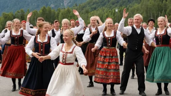 Mennesker som danser tradisjonelle norske danser i tradisjonelle klær.