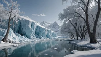 Et naturskjønt bilde av en isbre eller et istidslandskap med isfjell, snø og frosne trær.