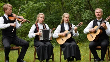 Et tradisjonelt norsk folkemusikkensemble som spiller instrumenter som fele, trekkspill og nyckelharpa.