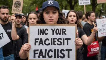 En person som protesterer mot fascismen med et skilt og et sterkt ansiktsuttrykk.