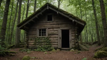 En liten, avsidesliggende hytte i skogen, omgitt av trær og løvverk.