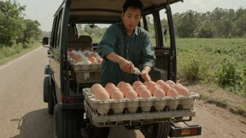 En person i hvit uniform plasserer forsiktig egg i et spesialkjøretøy designet for eggtransport.