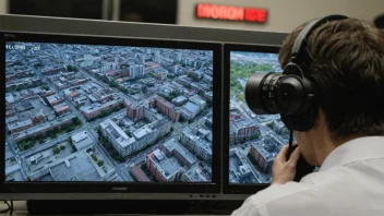 En person som overvåker en by gjennom et TV-overvåkingssystem.