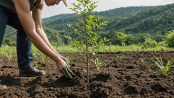 En person planter et tre i et avskoget område, symboliserer reafforestasjon.