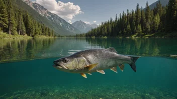 En fisk som svømmer i en innsjø med en naturskjønn bakgrunn.