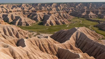 Badlands i Nord-Dakota, USA, med unike steinformasjoner og et vidstrakt landskap.