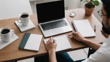 En person som sitter ved et skrivebord med en laptop og en notatbok, og skriver en artikkel som gjesteforfatter for en publikasjon