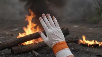 En person med et bandasjert hånd, som indikerer en brannskade, med en brann som brenner i bakgrunnen.