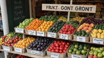 En fargerik fruktstand med et utvalg av ferske frukter og grønnsaker.