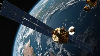 En satellittutsender i verdensrommet sender signaler til jorden.