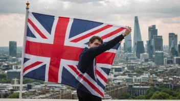 En person som holder et britisk flagg, med et bybilde av London i bakgrunnen, som symboliserer britisk nasjonalitet